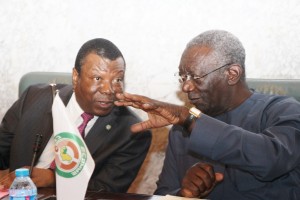 H.E. John Kufour, Head, ECOWAS Observer Mission, (r) discussing with Vice President, ECOWAS Commission, Dr. Toga McIntosh, during Election Observation Briefing. Abuja, 26 March, 2015. IMG_4418