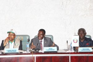 H.E. John Kufuor, Head, ECOWAS Election Observation(r), H.E. Kadre Ouedraogo(c) and  Dr. Remi Ajibewa, during Preliminary Declaration on Nigeria 2015 Election. Abuja, 29 March 2015. IMG_4951