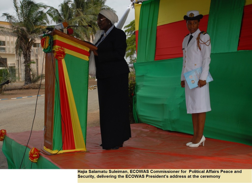 Hajia Salamatu Suleiman, ECOWAS Commissioner for  Political Affairs Peace and Security, delivering the ECOWAS President's address at the ceremony