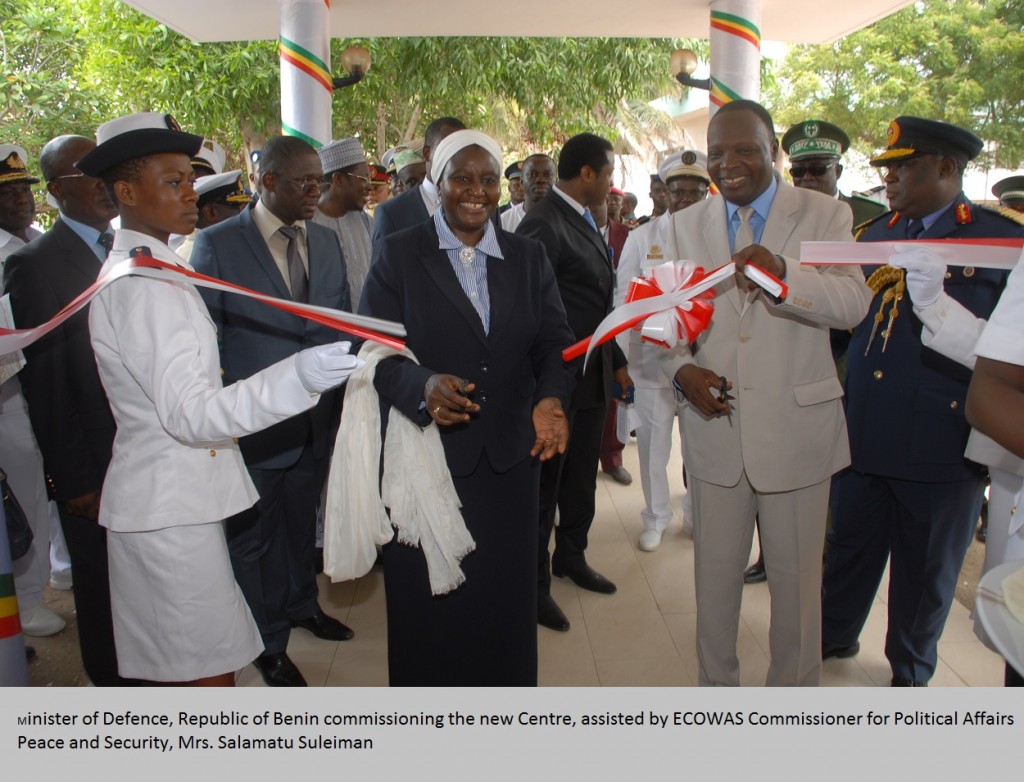 Minister of Defence, Republic of Benin commissioning the new Centre, assisted by ECOWAS Commissioner for Political Affairs Peace and Security, Mrs. Salamatu Suleiman