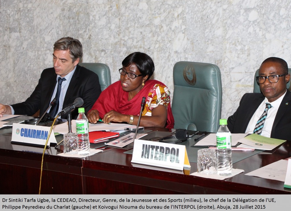 Dr. Sintiki Tarfa Ugbe, ECOWAS, Director, Gender,Youth &     Sports(m), EU Delegation, Philippe Peyredieu du Charlat(L) and Koivogui     Niouma of the INTERPOL(r) Abuja,28 July2015-(1)