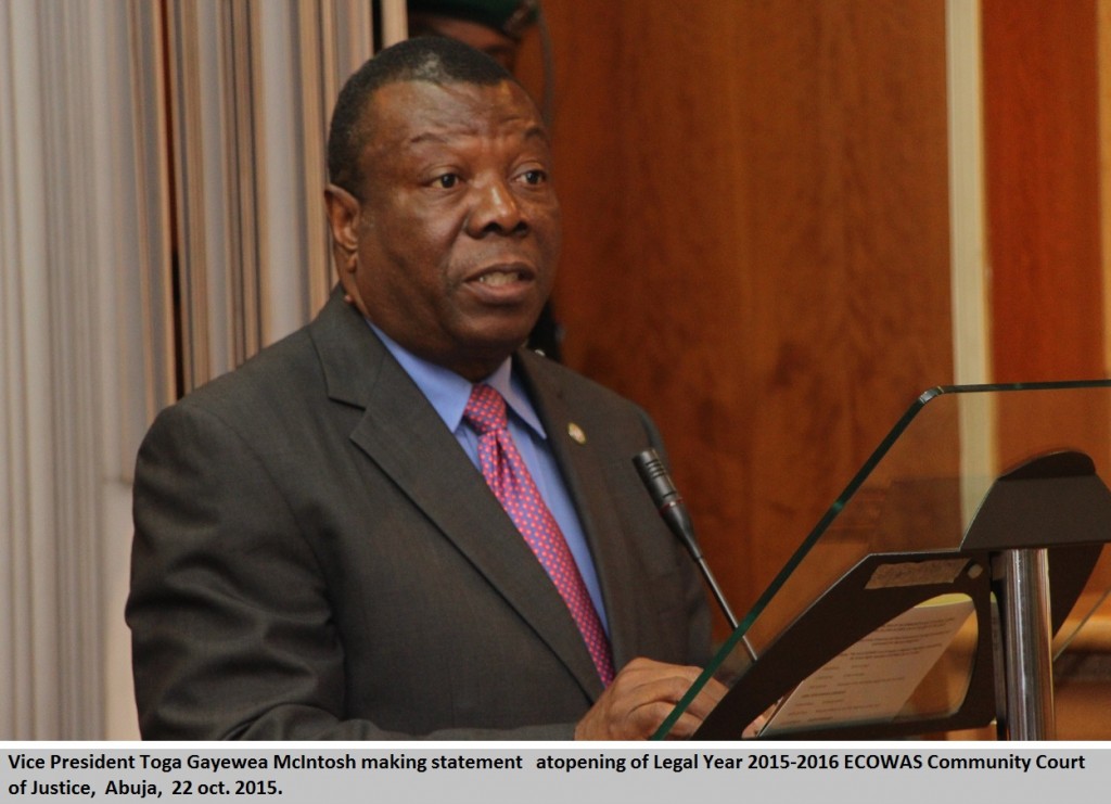 Vice President Toga Gayewea McIntosh making statement   atopening of Legal Year 2015-2016 ECOWAS Community Court of Justice,  Abuja,  22 oct. 2015. IMG15