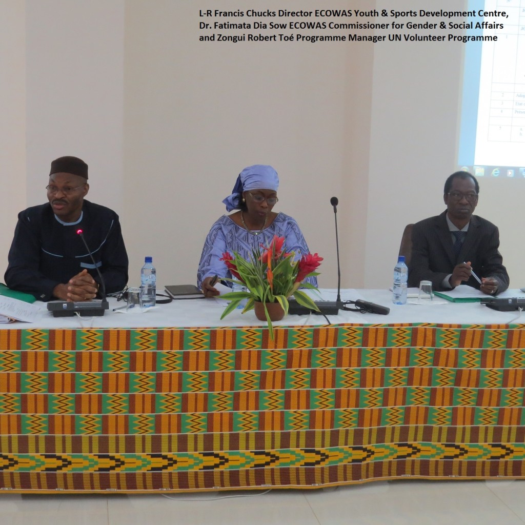 L-R Francis Chucks Director ECOWAS Youth & Sports Development Centre, Dr. Fatimata Dia Sow ECOWAS Commissioner for Gender & Social Affairs and Zongui Robert Toé Programme Manager UN Volunteer Programme