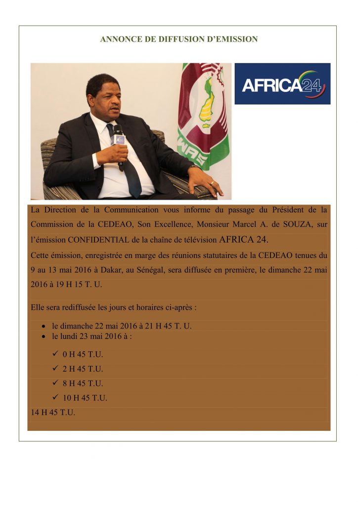 Annonce de diffusion d'émission sur AFRICA 24